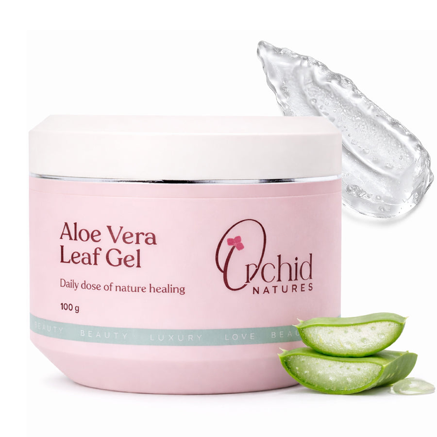 Pink jar of Aloe Vera Leaf Gel with aloe vera slices on a white background
