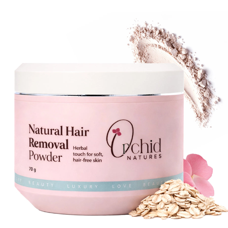 Pink jar of Natural Hair Removal Powder with orchid branding on a white background