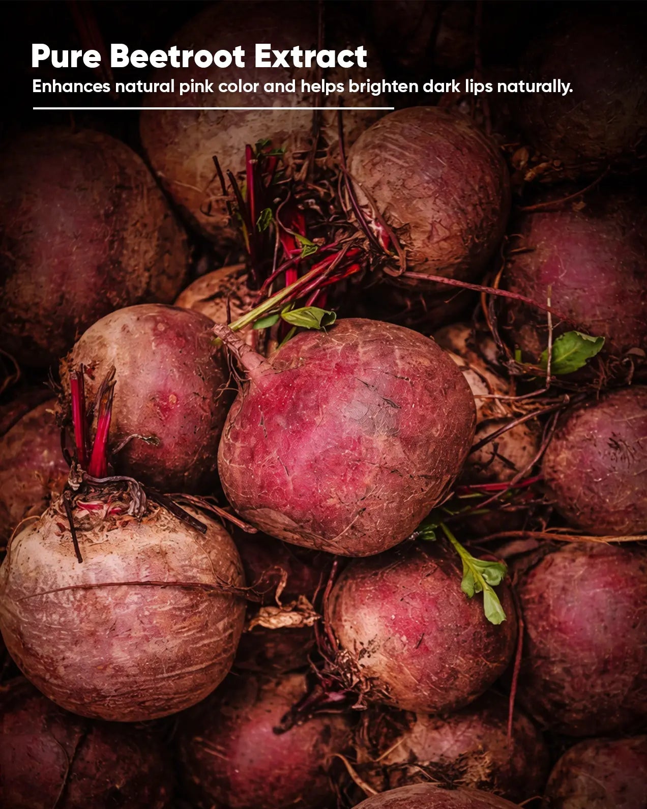 Beetroot extract with text about its benefits for lip color and health.