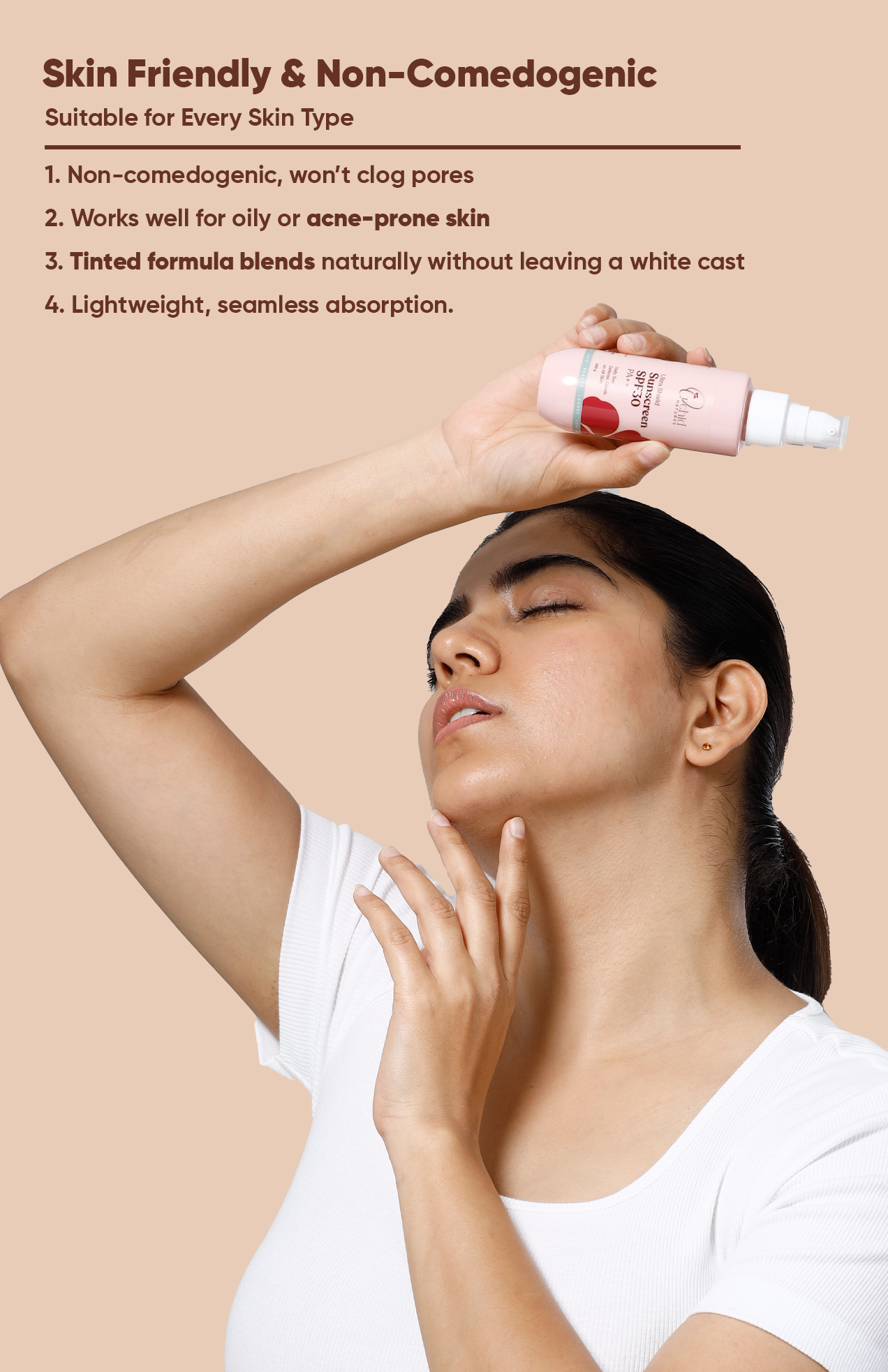 Woman applying a pink skincare product with text about skin-friendliness on a beige background
