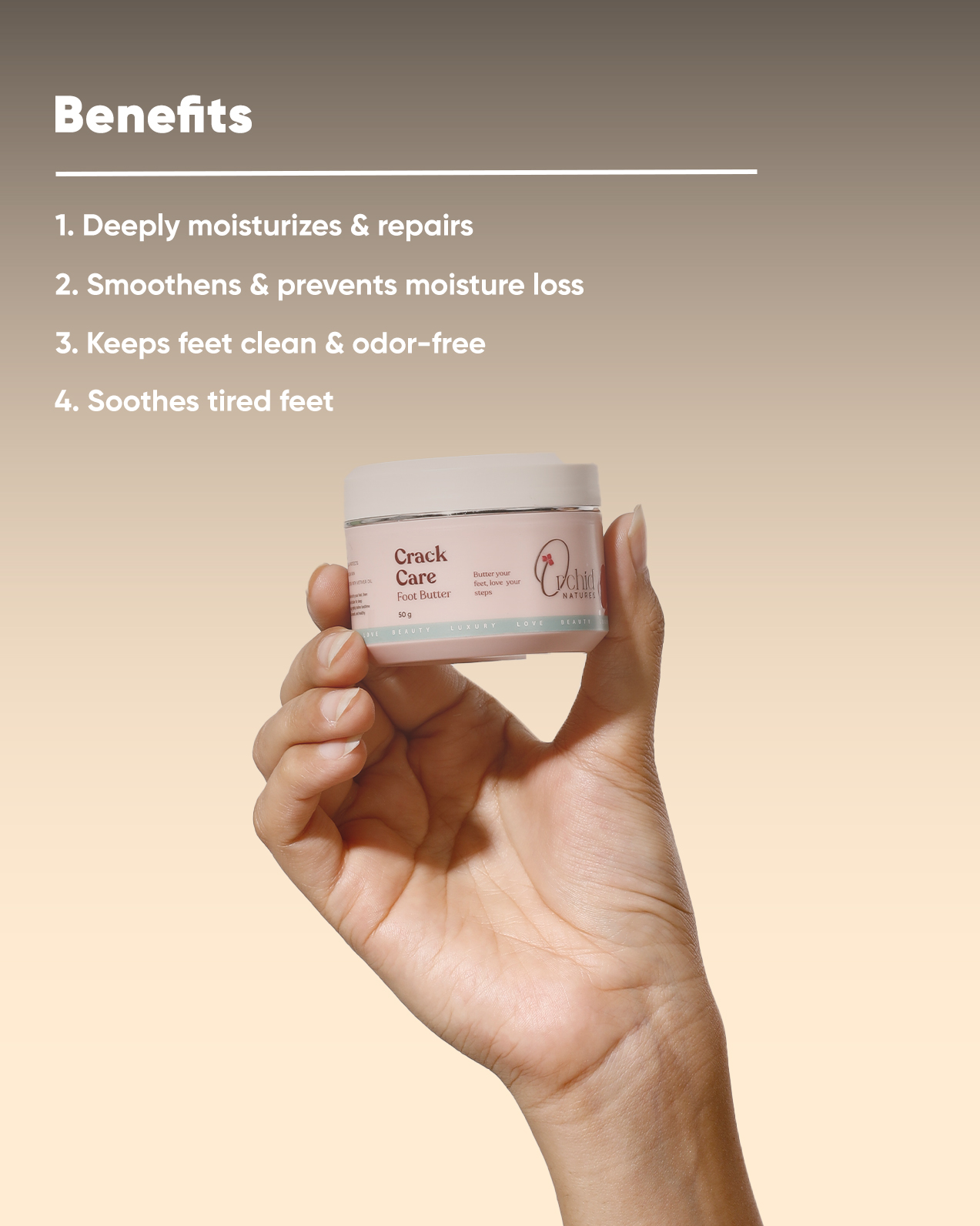 Hand holding a jar of foot cream with benefits listed above on a beige background
