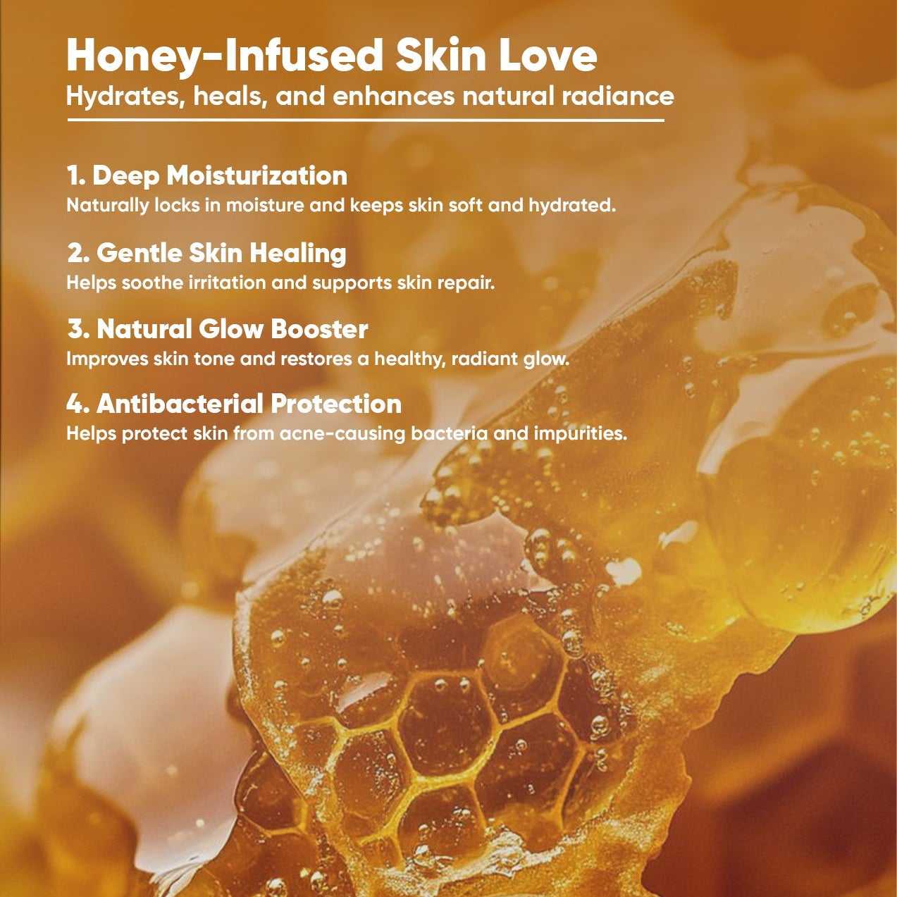 Honeycomb with honey and text about honey-infused skin care benefits on an orange background
