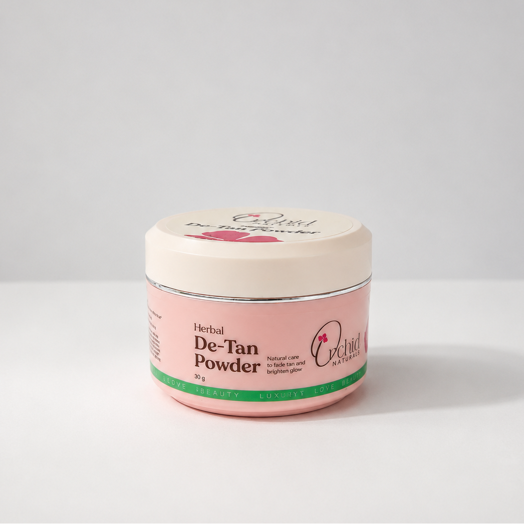 Jar of Herbal De-Tan Powder on a white background