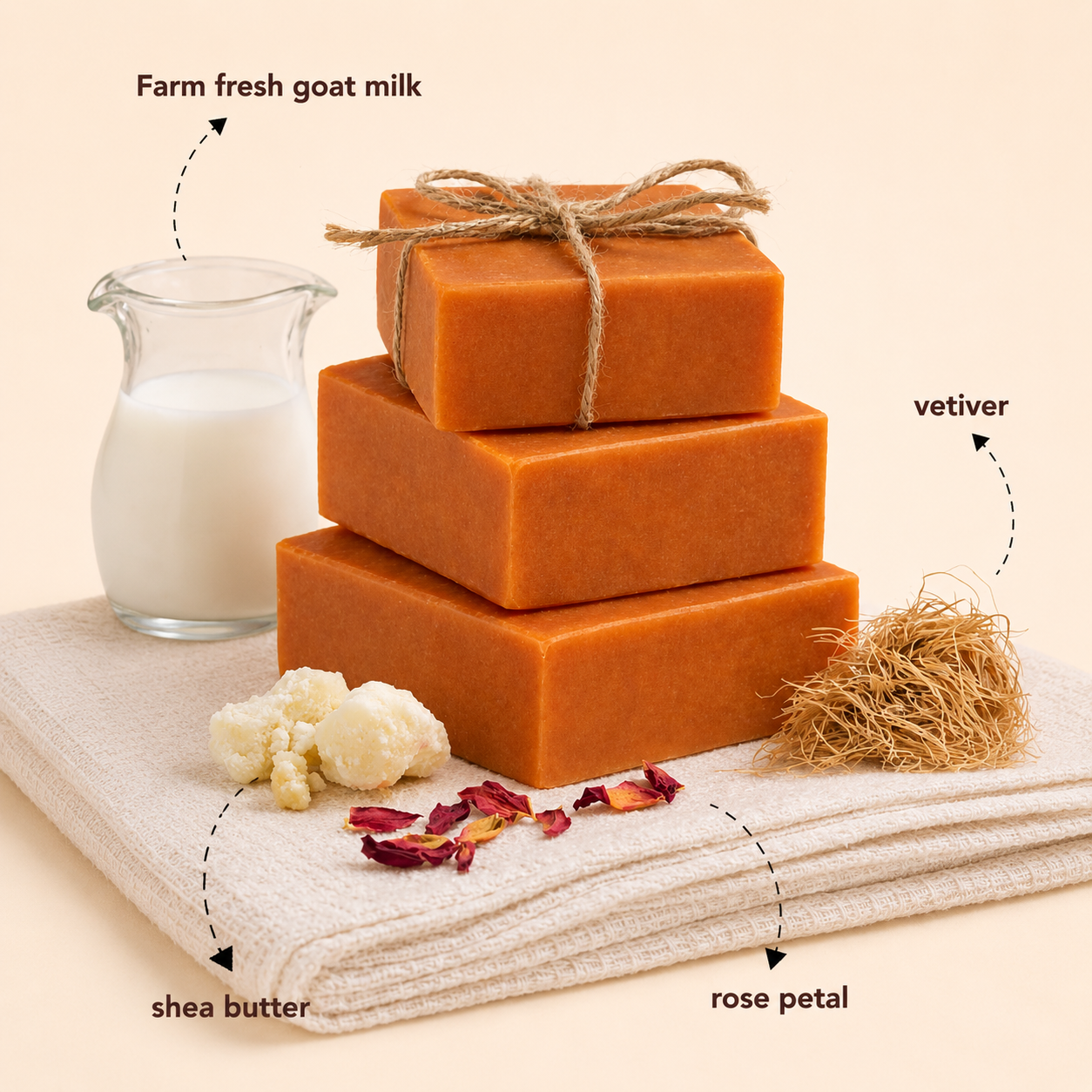 Three stacked soap bars with a glass of milk, shea butter, and rose petals on a beige background.
