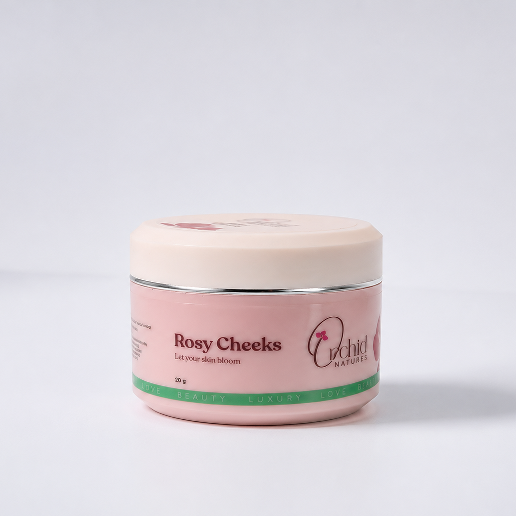 Pink jar of 'Rosy Cheeks' cream on a white background