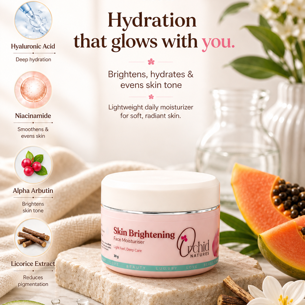 Orchid Naturals Skin Brightening Facial Moisturizer with ingredients and benefits displayed.