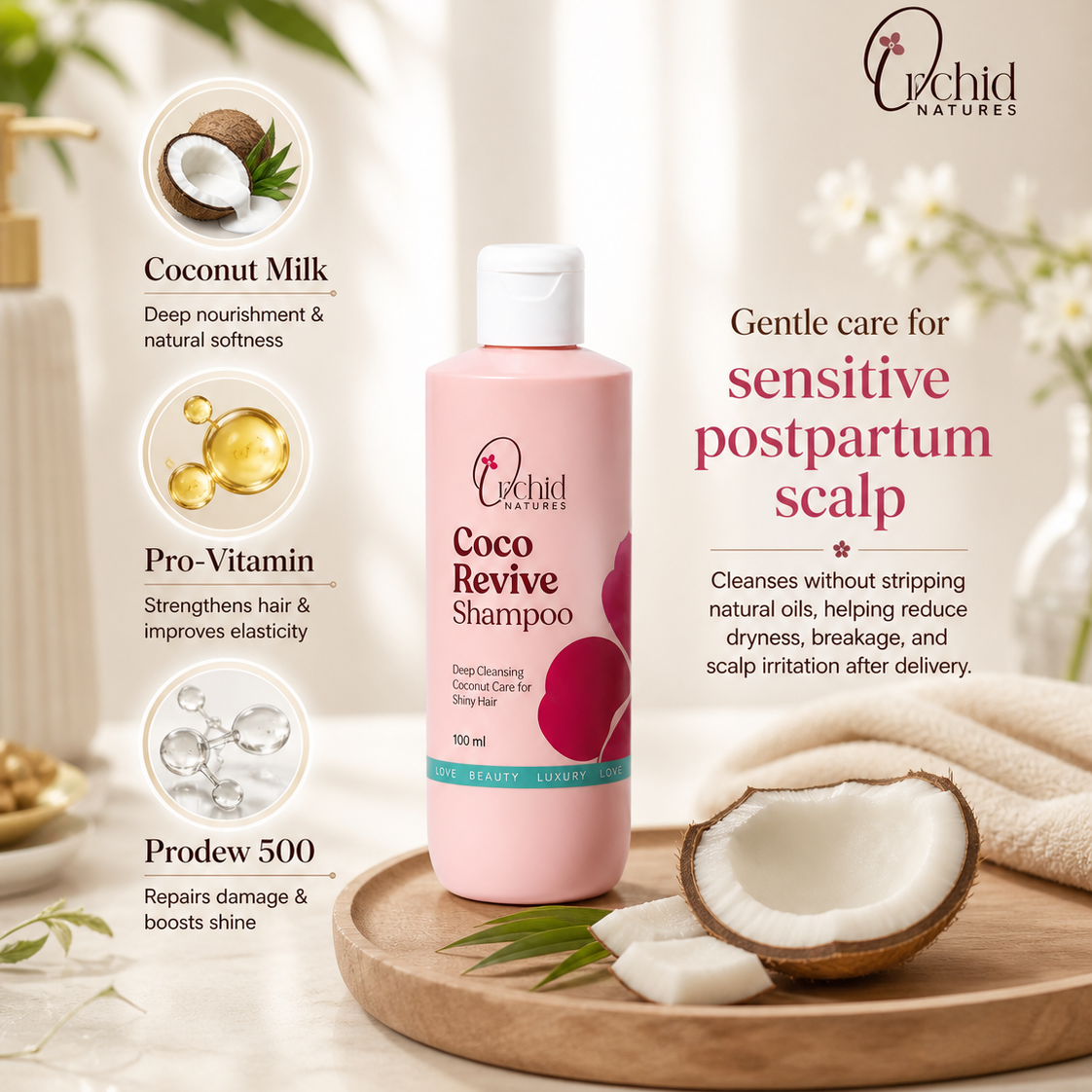 Orchid Natures Coco Revive Shampoo bottle on a wooden tray with coconut pieces and text about its benefits.