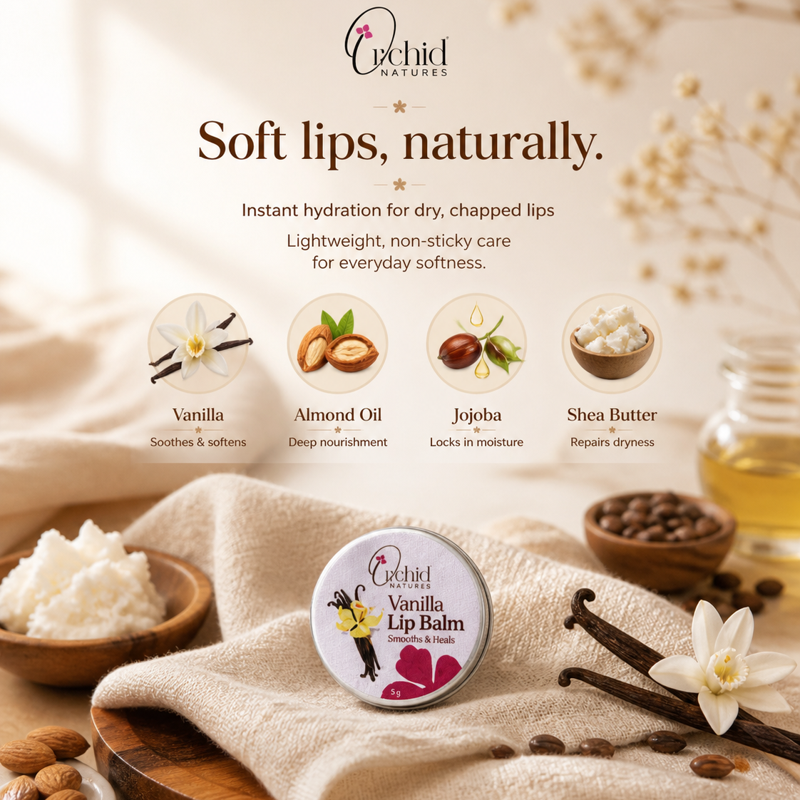 Orchid Naturals lip balm with vanilla, almond oil, jojoba, and shea butter ingredients on a neutral background.