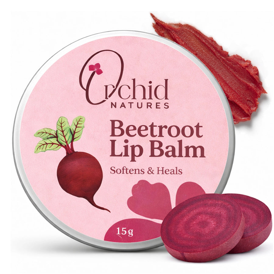 Beetroot lip balm container with beetroot slices and a swatch on a white background