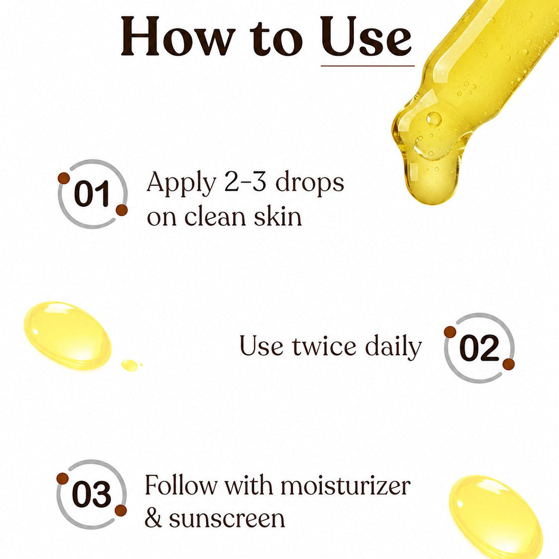 Instructions on how to use a skincare product with text and dropper illustration.