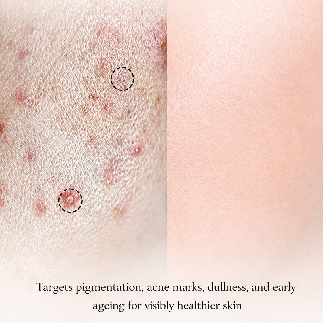 Before and after comparison of skin with text 'One solution' targeting pigmentation, acne marks, dullness, and early aging.