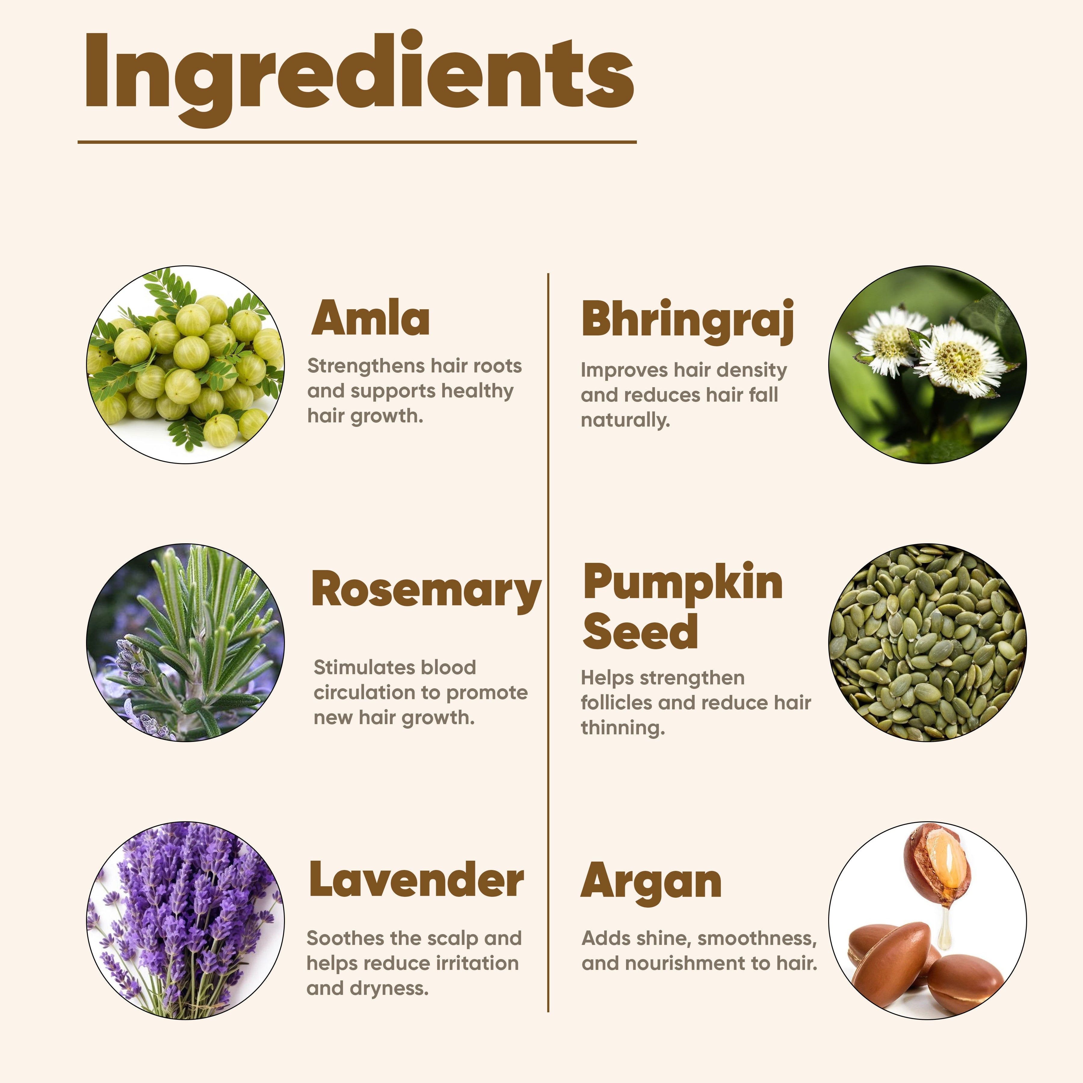 List of hair care ingredients with corresponding benefits on a beige background