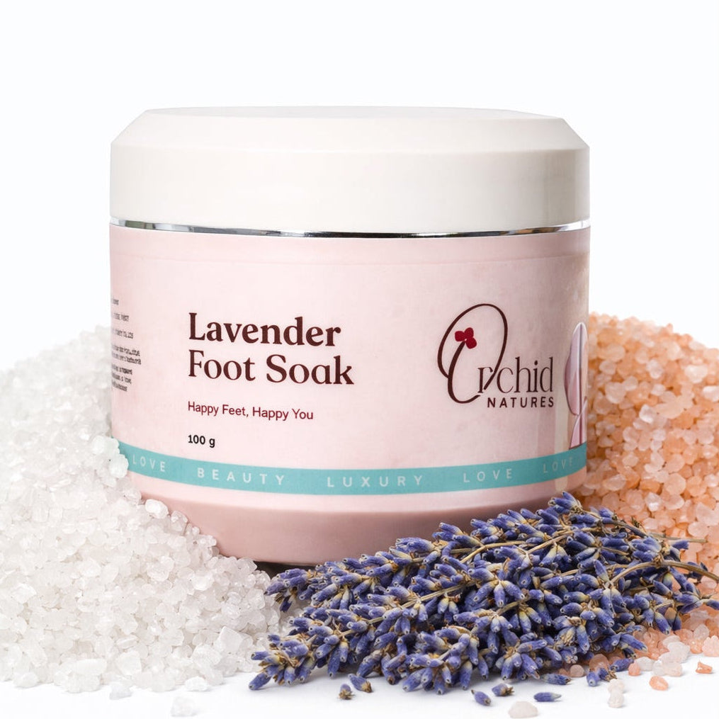 Lavender foot soak with packaging on a white background